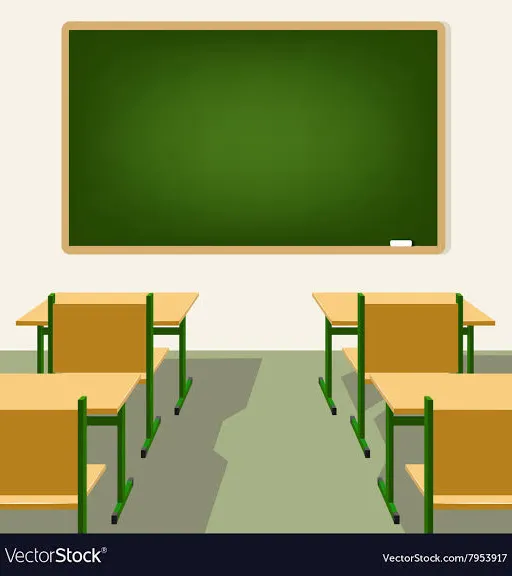 a classroom with desks and a green chalkboard