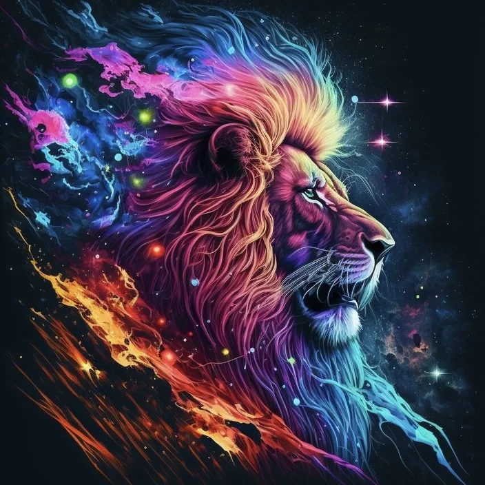 a colorful lion with a galaxy background