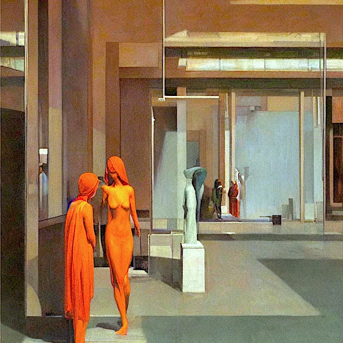 a painting of two women in orange dresses