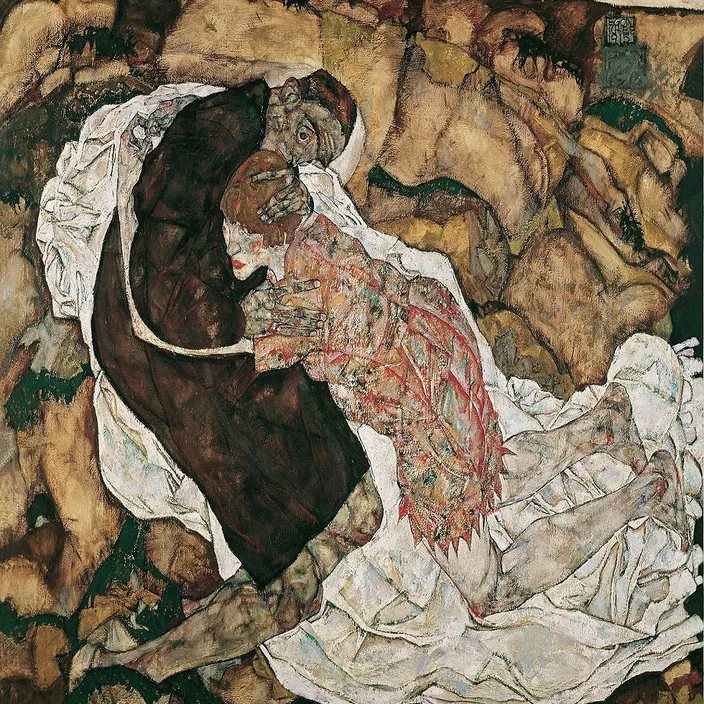 a painting of a man and a woman embracing