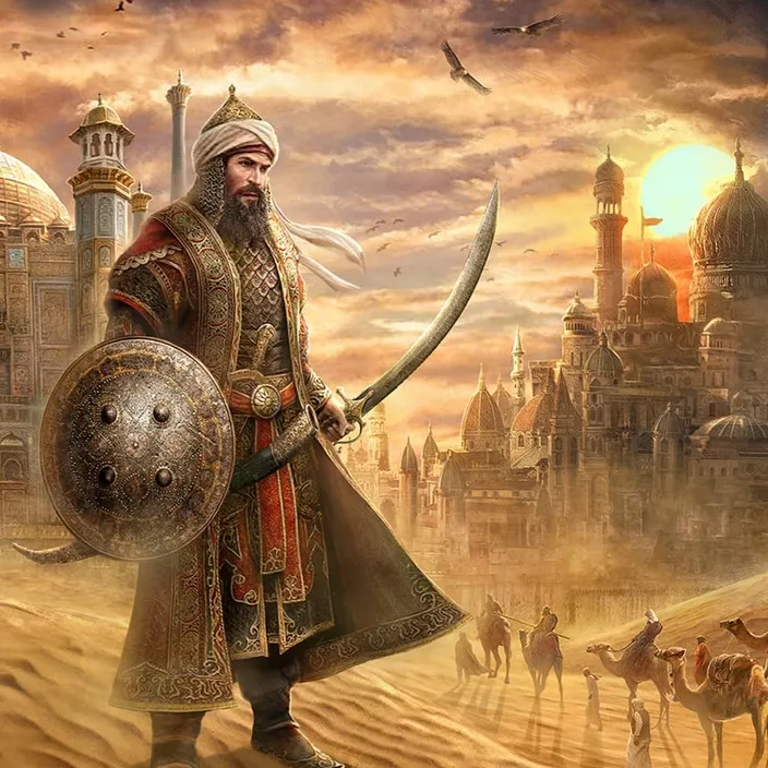 a painting of a man with a sword and shield