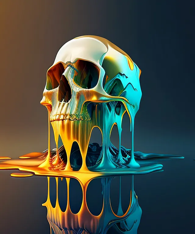 a colorful skull sitting on top of a puddle of liquid