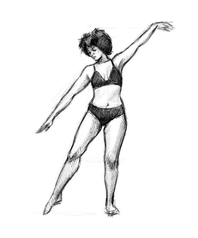 a pencil drawing of a woman in a bikini