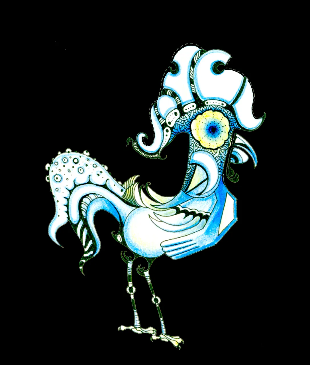 A blue and white rooster standing like a human in a black suit