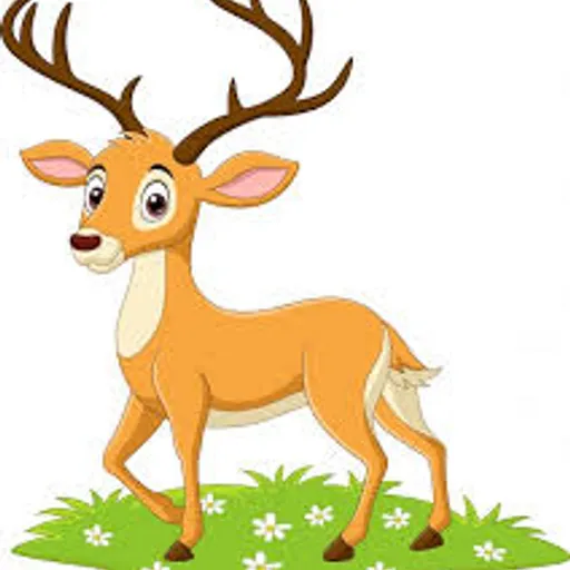 a cartoon deer standing on top of a green field