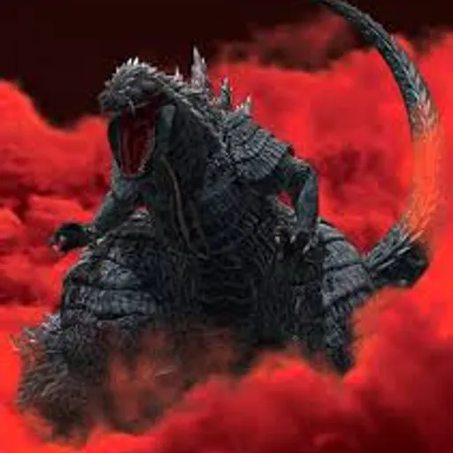 a godzilla in the clouds with a red background