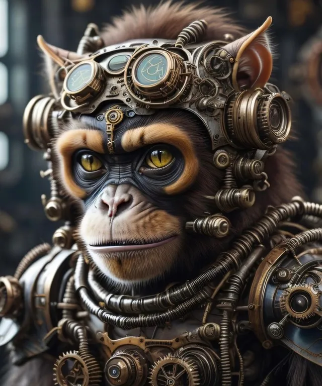 Photo realism. a monkey with a helmet and goggles on, mechanical monkey, high resolution, photo realism