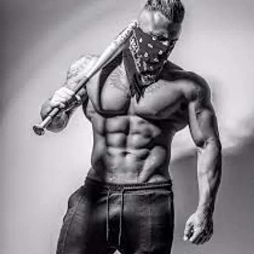 a man with no shirt holding a baseball bat