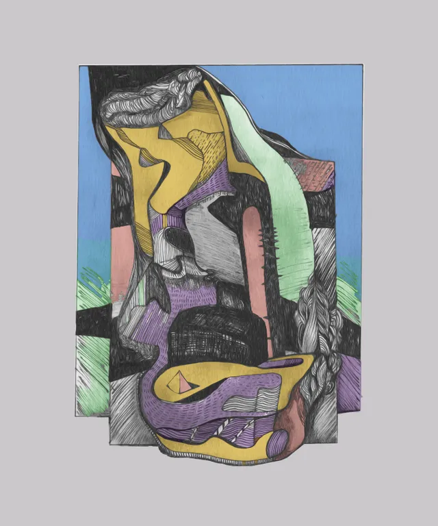 a drawing of a yellow and purple vase