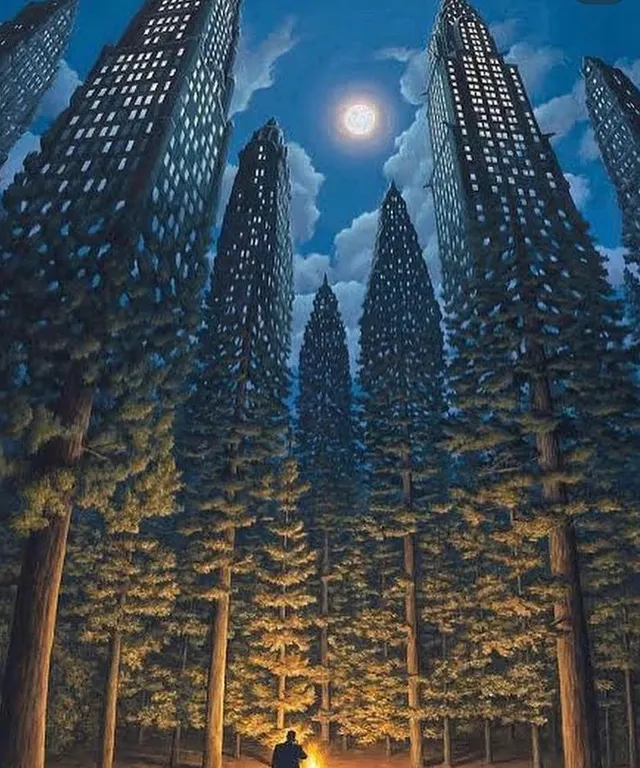 A Painting of a Man Standing in the Middle of a Forest with Trees that Become Buildings as They Get Taller. a painting trees that become buildings as they get taller