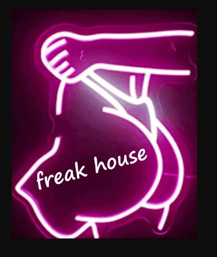 a neon sign that says freak house. purple, violet, pink, font, rectangle, visual effect lighting, electronic signage, magenta, neon, electric blue