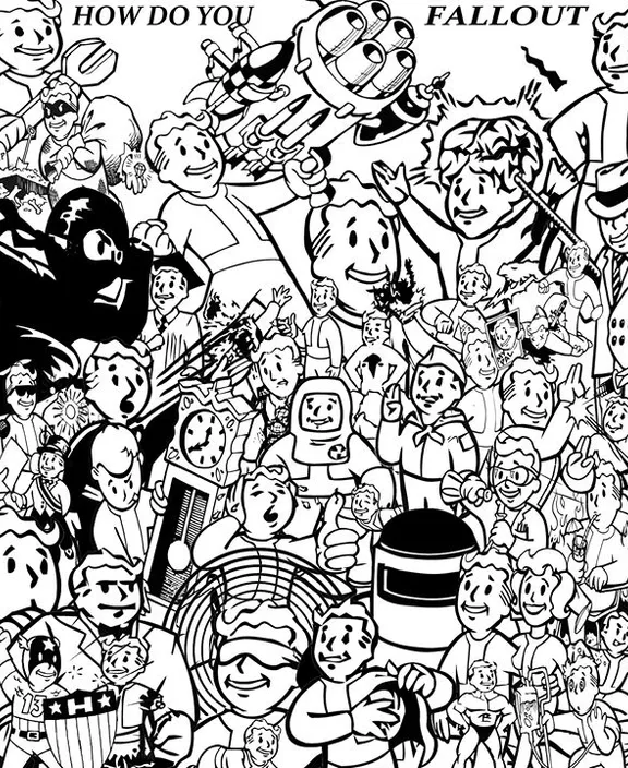 a black and white drawing of a crowd of people interacting