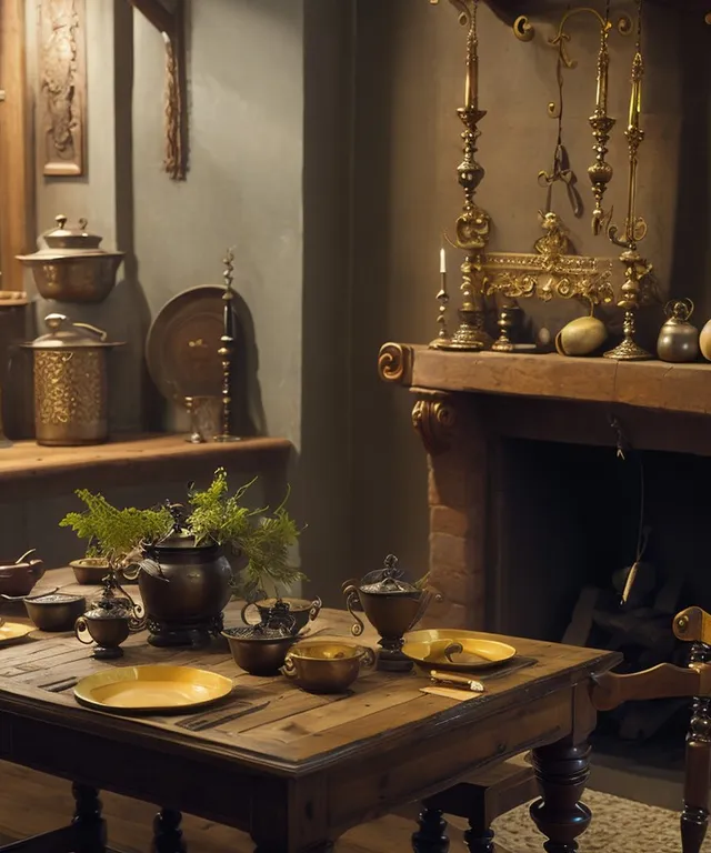 a dining room with a table and a fire place