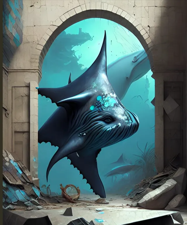 a painting of a shark in a tunnel