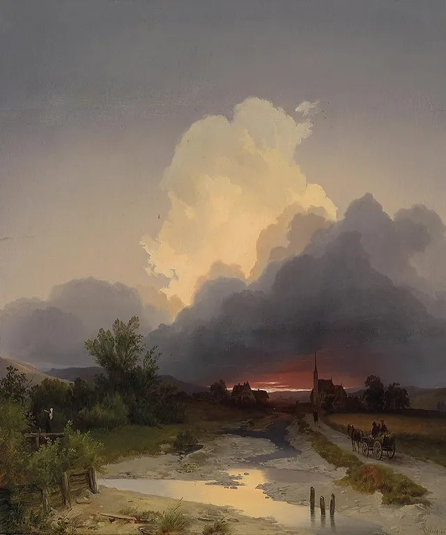 a painting of a cloudy sky over a river