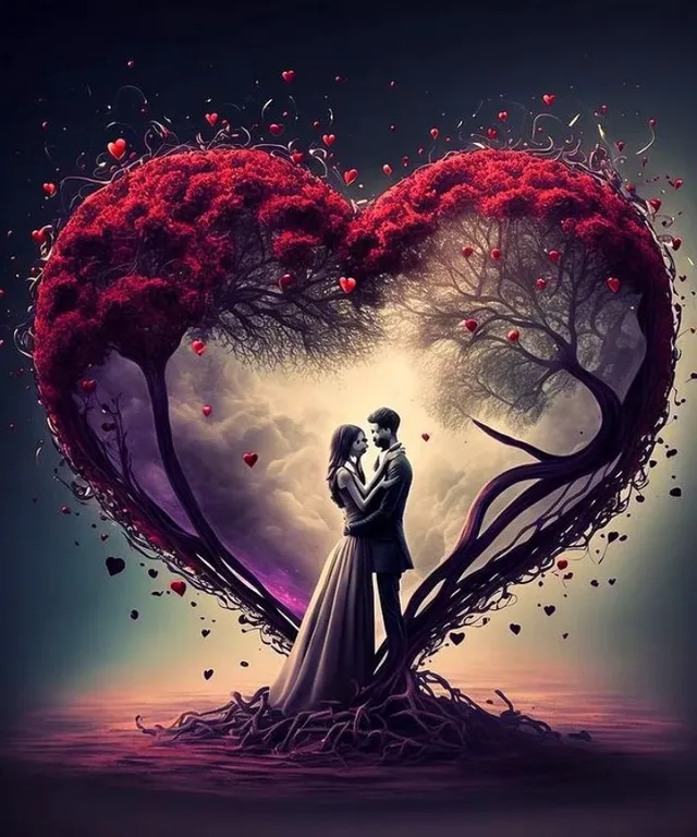 a man and a woman standing in front of a heart shaped tree