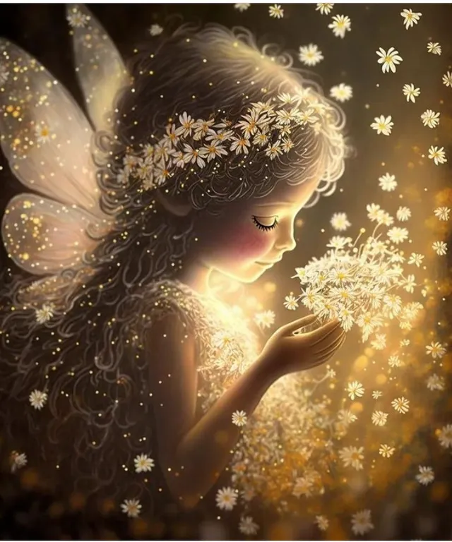 a painting of a fairy holding a dandelion