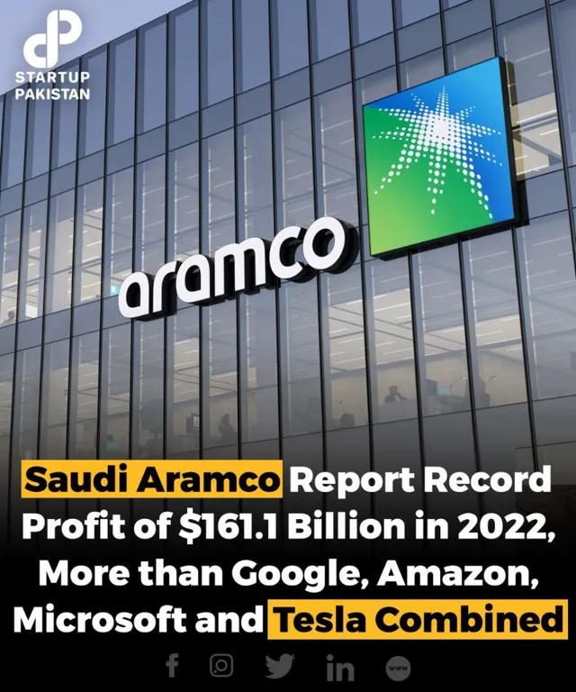 a building with the words aramco report record profit of $11 billion in 2022 more than google combined