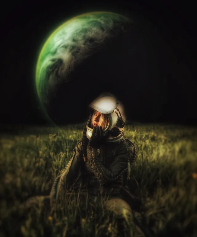 helmet, flash photography, astronomical object, goggles, grass, darkness, personal protective equipment, space, cg artwork, science