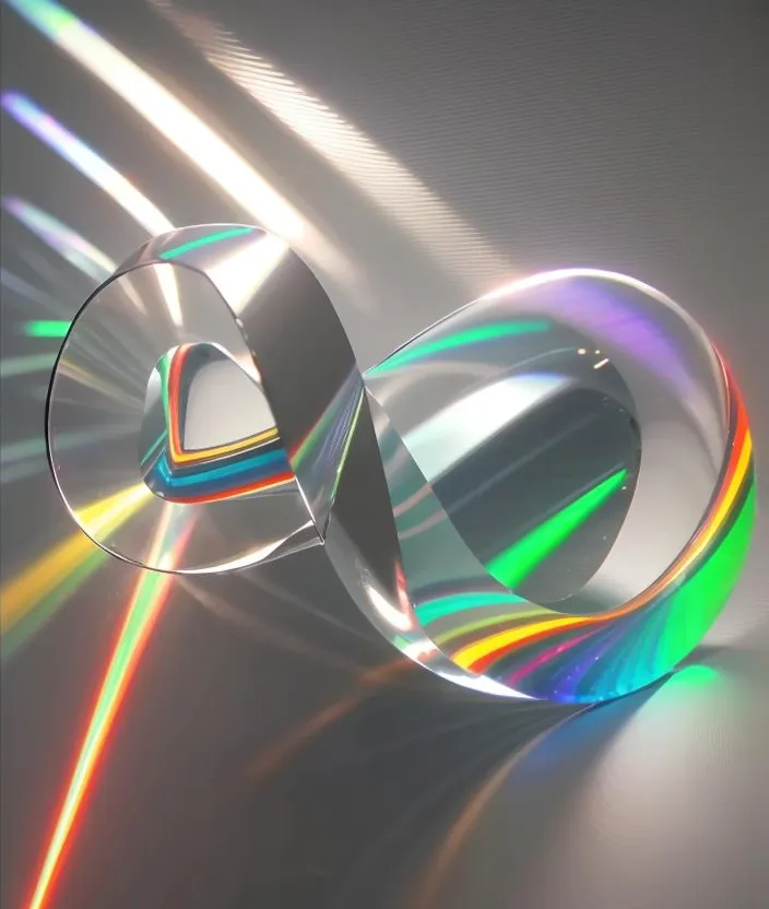 The circular Möbius strip made of transparent crystal, constantly rotating, emits a soft iridescent rainbow light. It's expertly designed