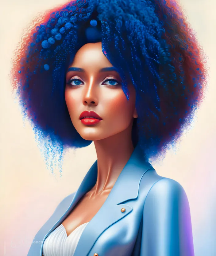 a painting of a woman with blue hair