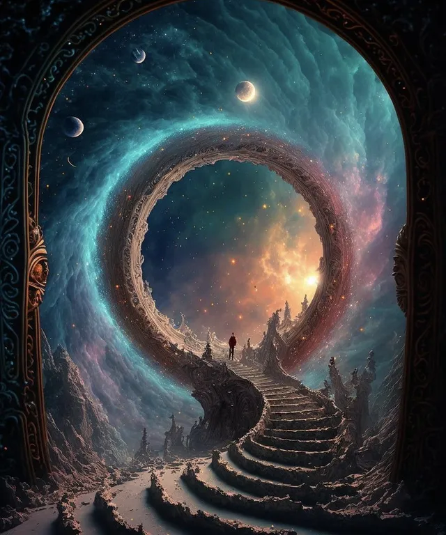 A Painting of a Stairway Leading to a Sky Filled with Stars, a Doorway to Another Universe. a painting of a stairway leading to a sky filled with stars, a doorway to another universe