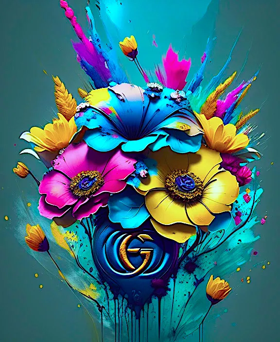 a painting of colorful flowers on a blue background. flower, colorfulness, petal, creative arts, paint, art, painting, electric blue, flowering plant, font