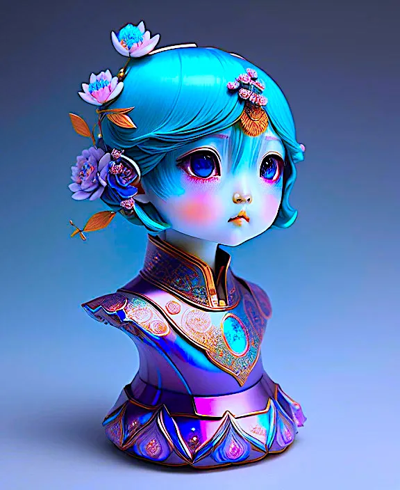 a blue and purple statue of a girl with flowers in her hair. hair, head, eye, cartoon, toy, art, magenta, electric blue, doll, fashion design