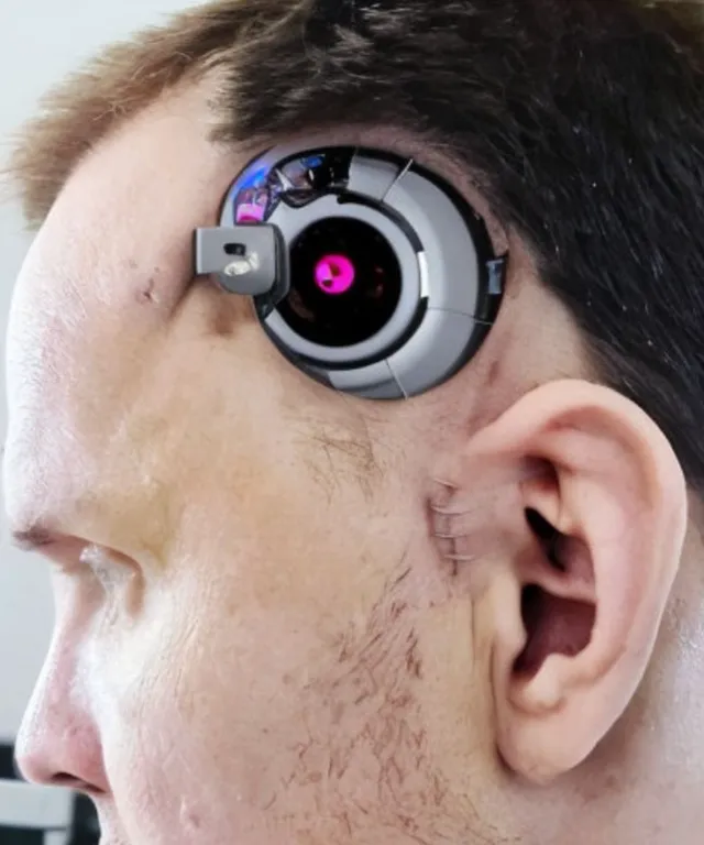 a man's ear with a device attached to it. forehead, nose, cheek, glasses, skin, chin, hairstyle, eyebrow, eye, eyelash
