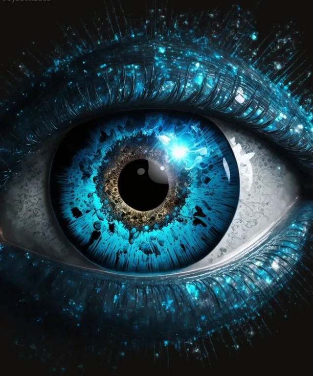 a close up of a blue eye with stars around it