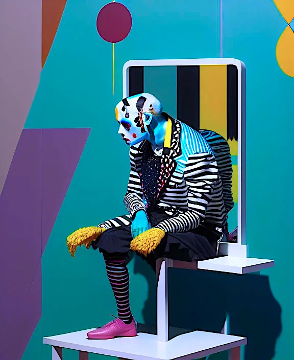 a clown sitting in a chair with his legs crossed