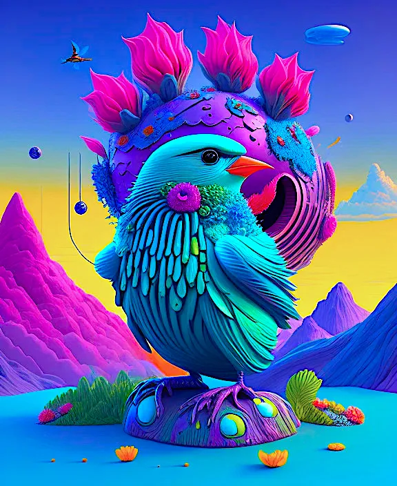 a painting of a colorful bird on a rock