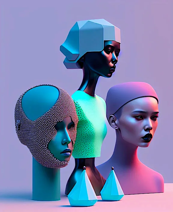 a group of mannequins with different colored hair