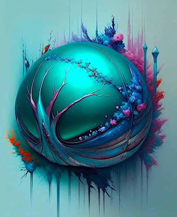 a painting of a green ball with trees on it