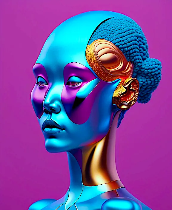 a woman with a blue face and a gold headpiece