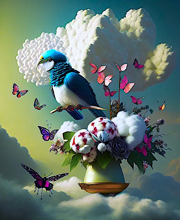 a blue bird sitting on top of a vase filled with flowers