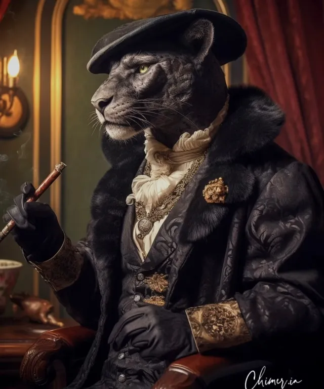 A Cat Dressed In A Suit And Hat Smoking A Cigarette. a panther dressed in a suit and hat smoking a cigarette