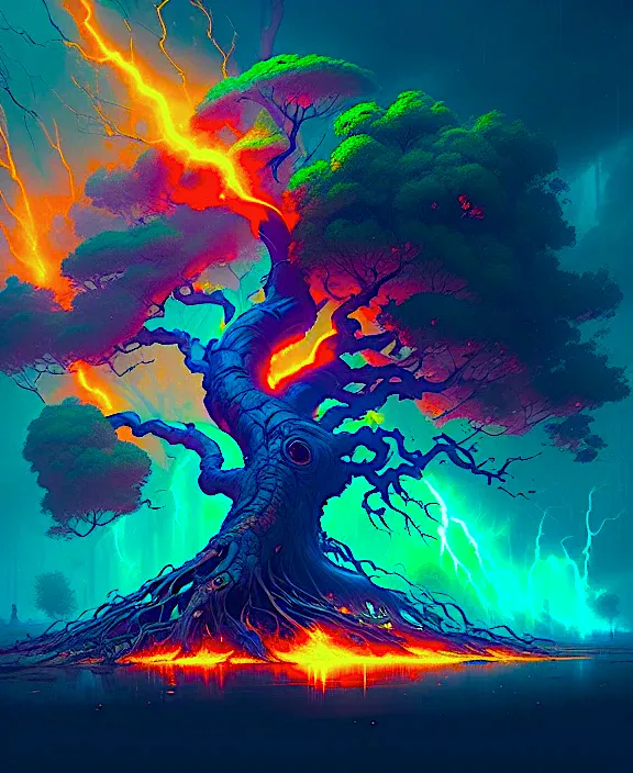 a painting of a tree with lightning coming out of it