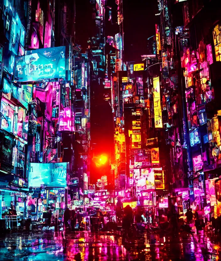 a city filled with lots of colorful fairy lights. replace neon with fairy lights