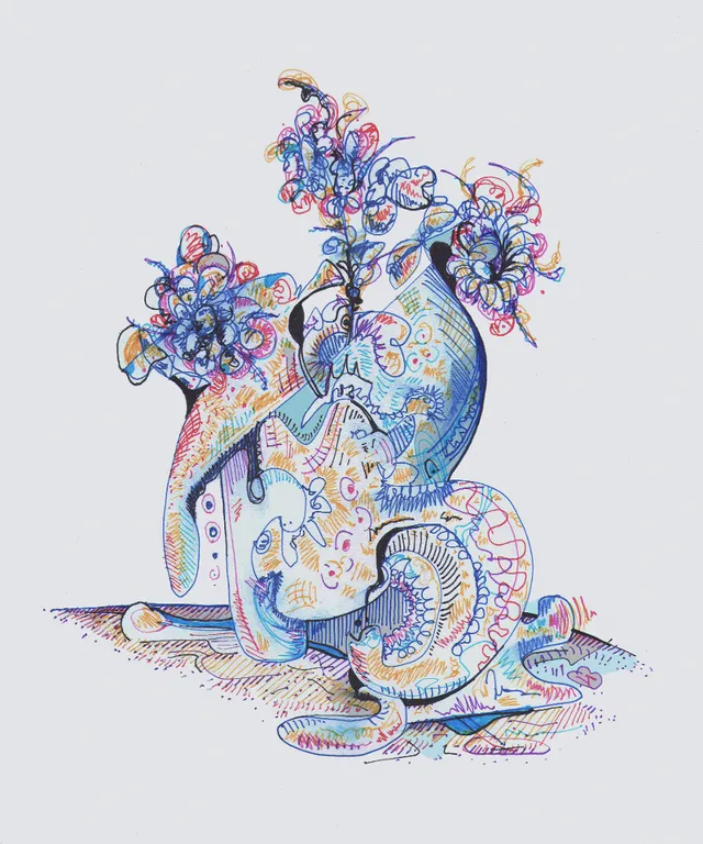 a drawing of a vase with flowers in it