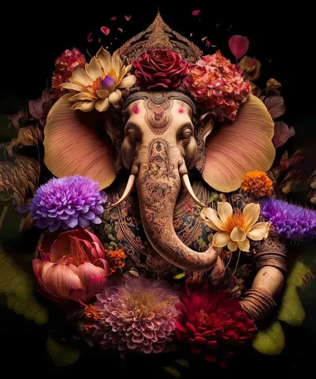 a painting of an elephant surrounded by flowers