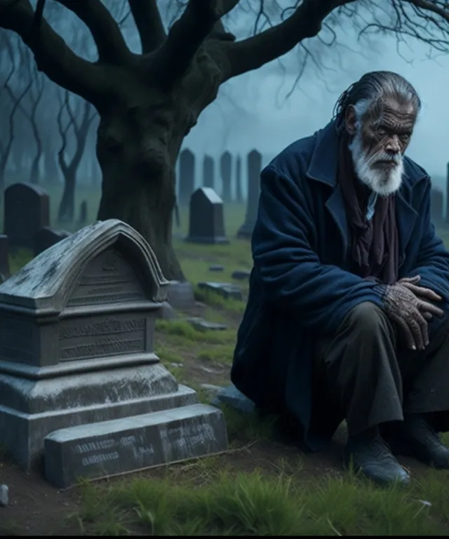 an old man sitting on a grave in a cemetery