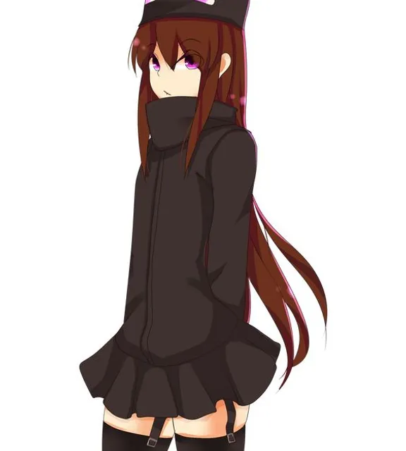 a girl with long brown hair wearing a black outfit