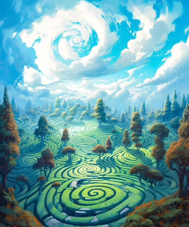 A Painting of a Spiral Landscape with Trees and Clouds, the Hills Form Spirals. a painting of a spiral landscape with trees and clouds, the hills form spirals