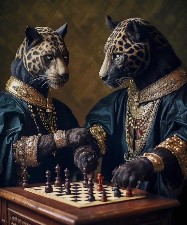 A couple of spotted jaguars in beautiful clothing playing a game of chess. a couple of spotted jaguars in beautiful clothing that are playing a game of chess