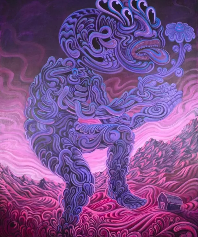 a painting of a man’s soul departing his body with a purple background. a painting of a man’s soul leaving his body with a purple background