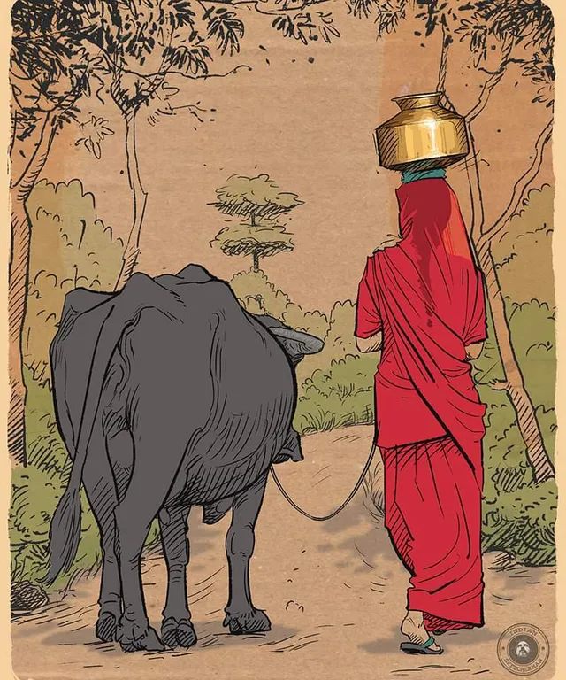 a painting of a man walking a cow down a dirt road