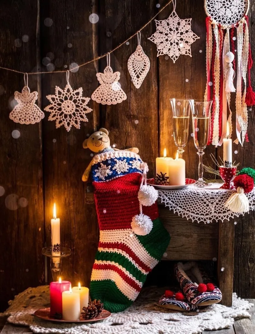 a christmas stocking with candles on a table