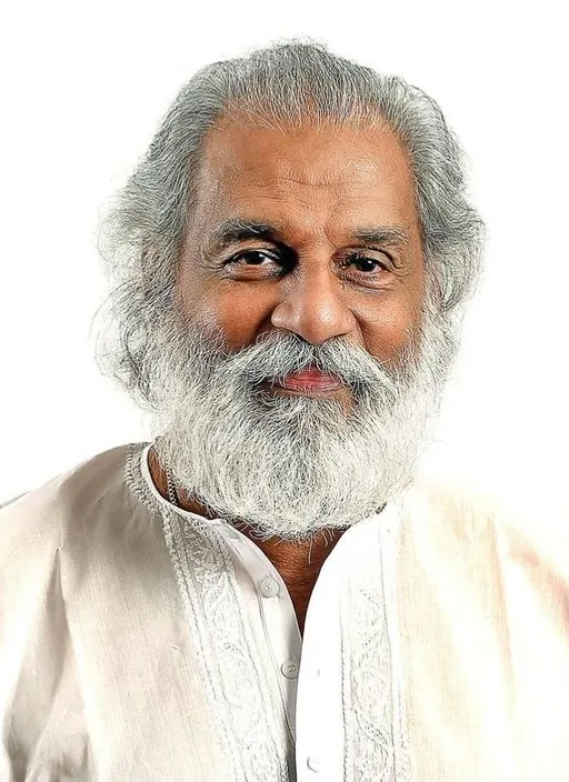 a man with a white beard and a white shirt keep the original photo and animate background with music notes 