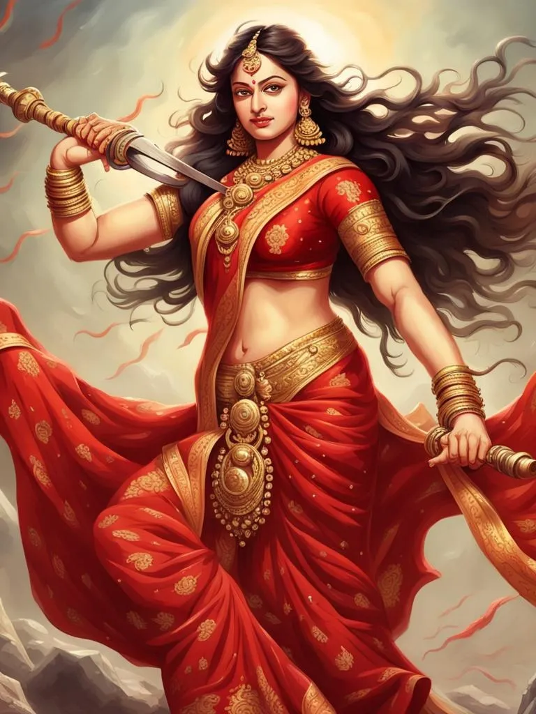 Animated 3d, Maa Durga, Hindu Goddess,in saree, traditional, is fighting with the devil, 9:16 ratio